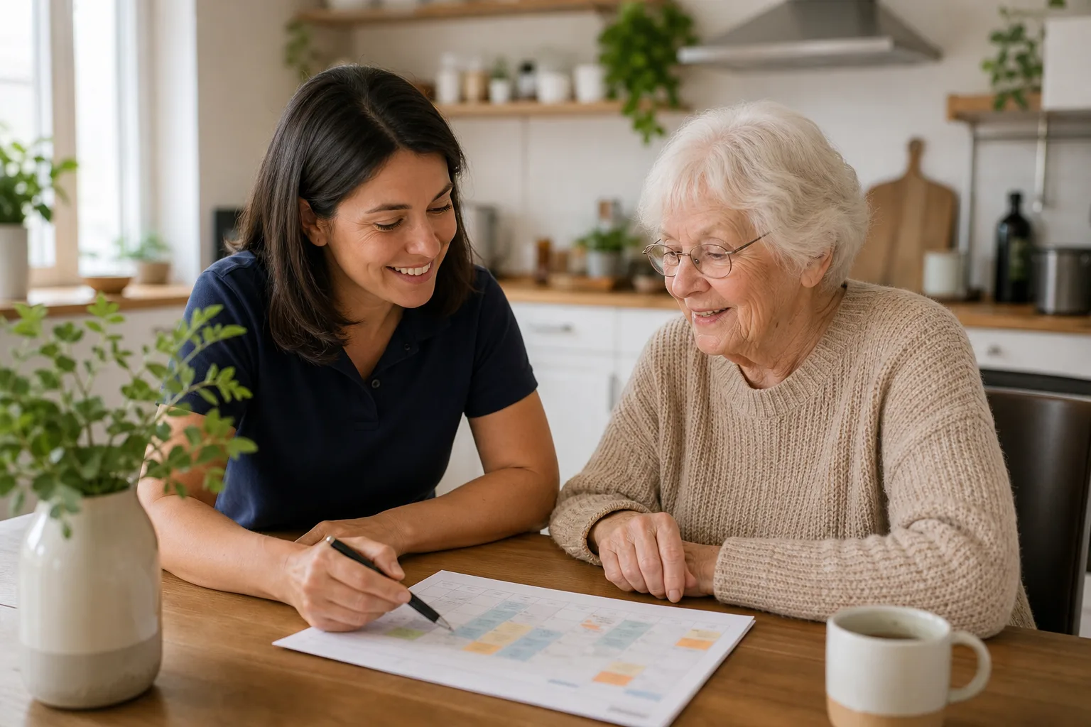 Alltagsbegleiterin plant gemeinsam mit einer Seniorin einen Wochenplan