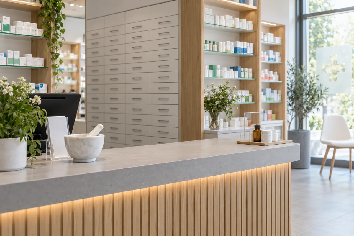 Verkaufstheke und geordnete Arzneimittelschubladen in einer Apotheke