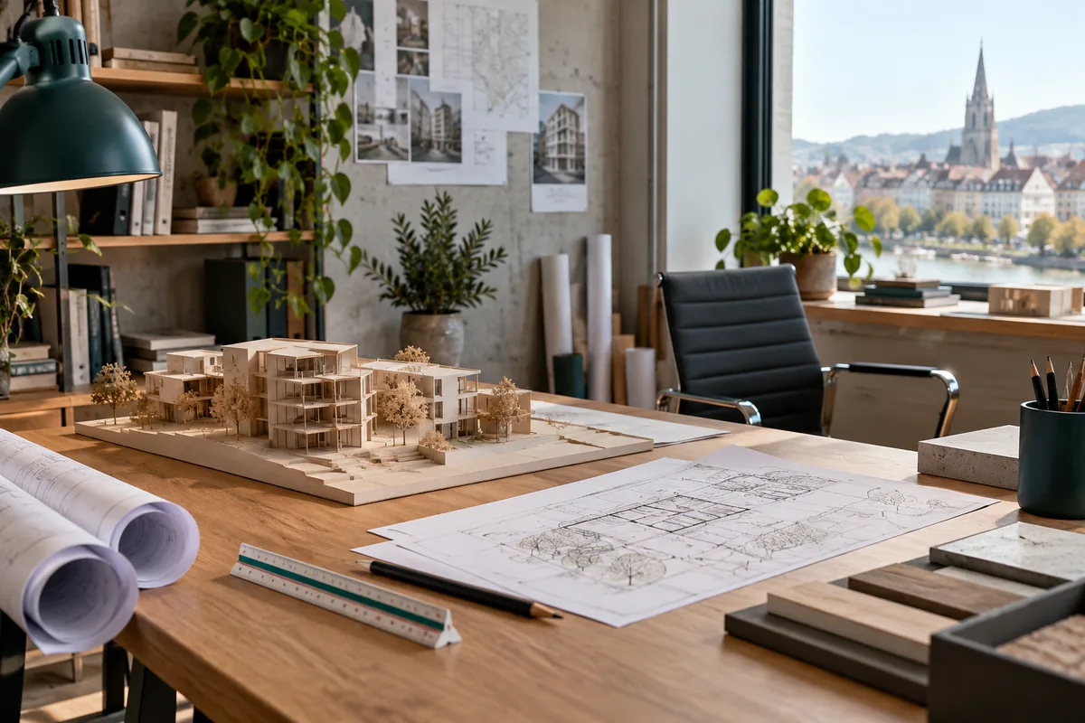 Architekturmodell und Bauzeichnungen auf einem Arbeitstisch