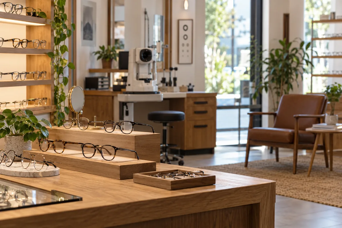 Brillenfassungen und Messgerät in einem Augenoptikgeschäft