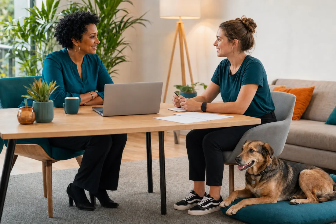 Gründungscoach berät angehende Hundetrainerin am Laptop – AVGS-gefördertes Gründungscoaching