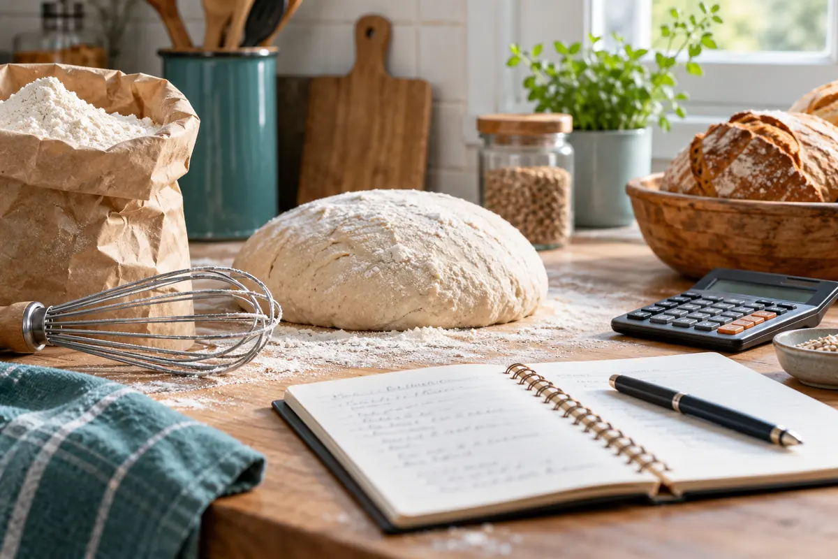 Mehl, Teig, Rezeptnotizbuch und Taschenrechner auf einer Backwerkbank