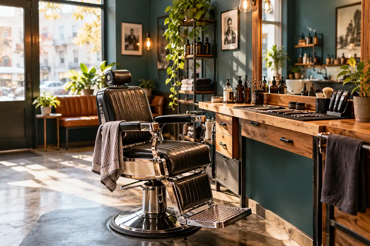Leerer Barberstuhl vor einem Spiegel und geordneten Werkzeugen in einem Barbershop