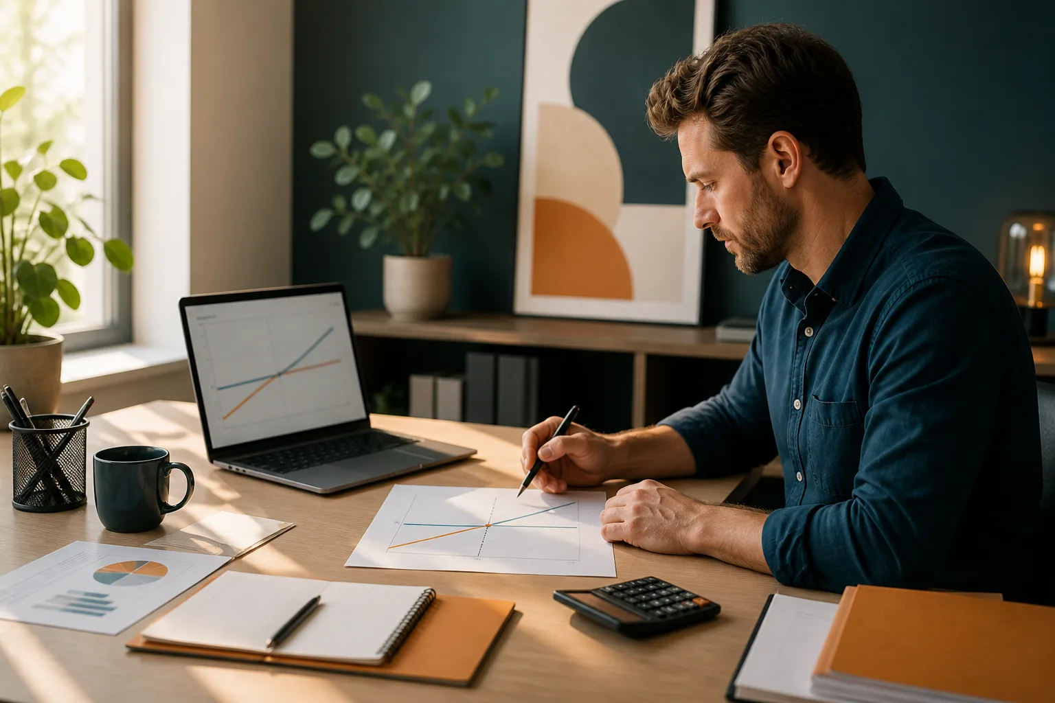 Selbstständiger prüft Fixkosten, variable Kosten und Break-even-Analyse am Laptop