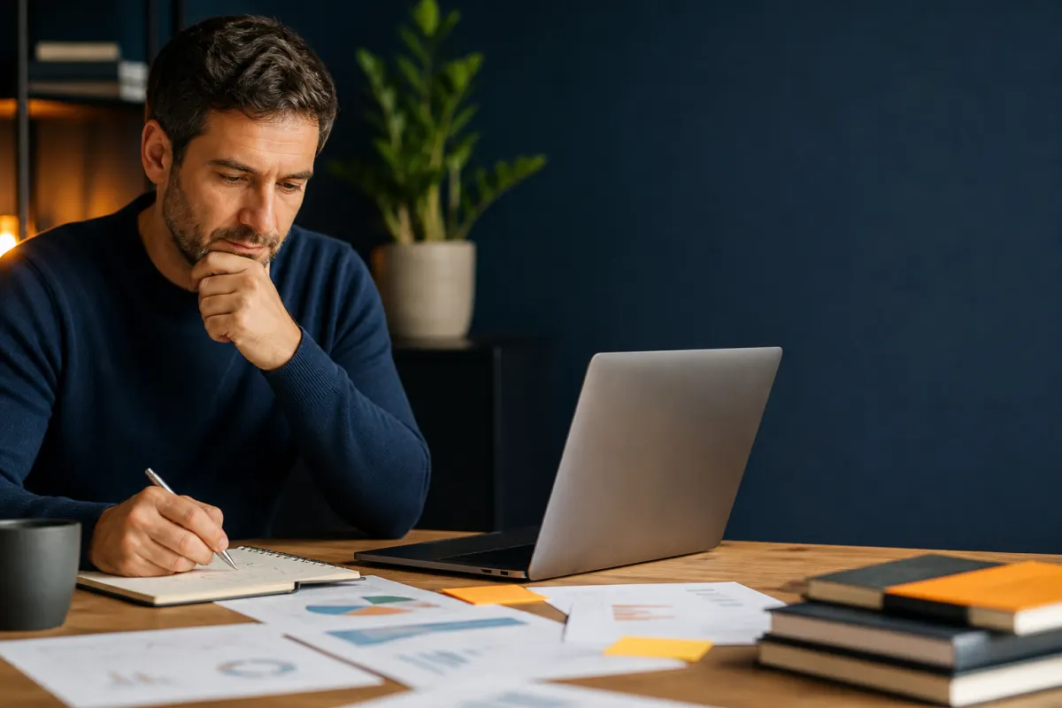 Gruender arbeitet an einem Businessplan fuer die Foerderung