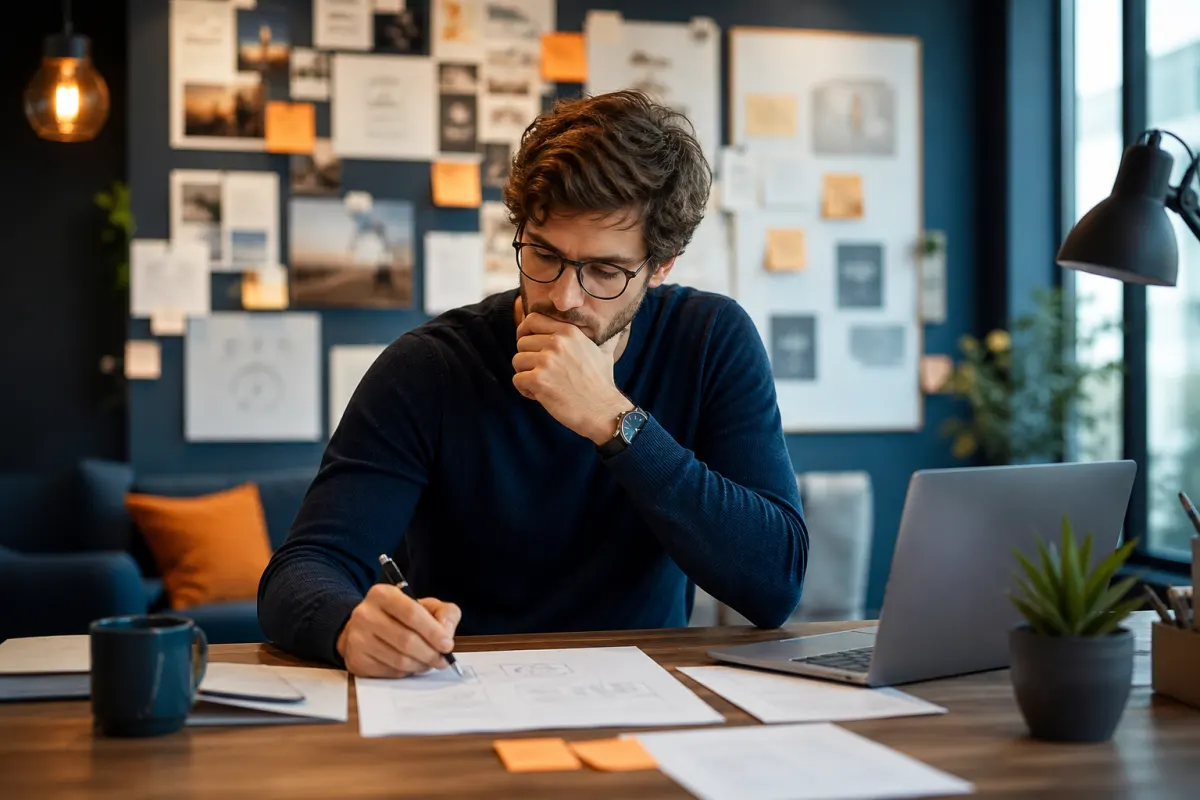 Gruender entwickelt einen Businessplan fuer eine Foerderung
