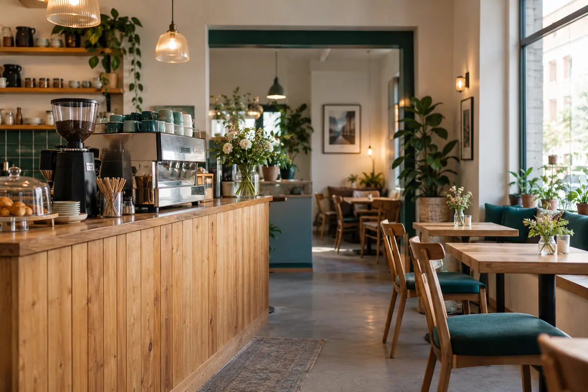 Kaffeemaschine und Holztresen vor den Sitzplätzen eines Cafés