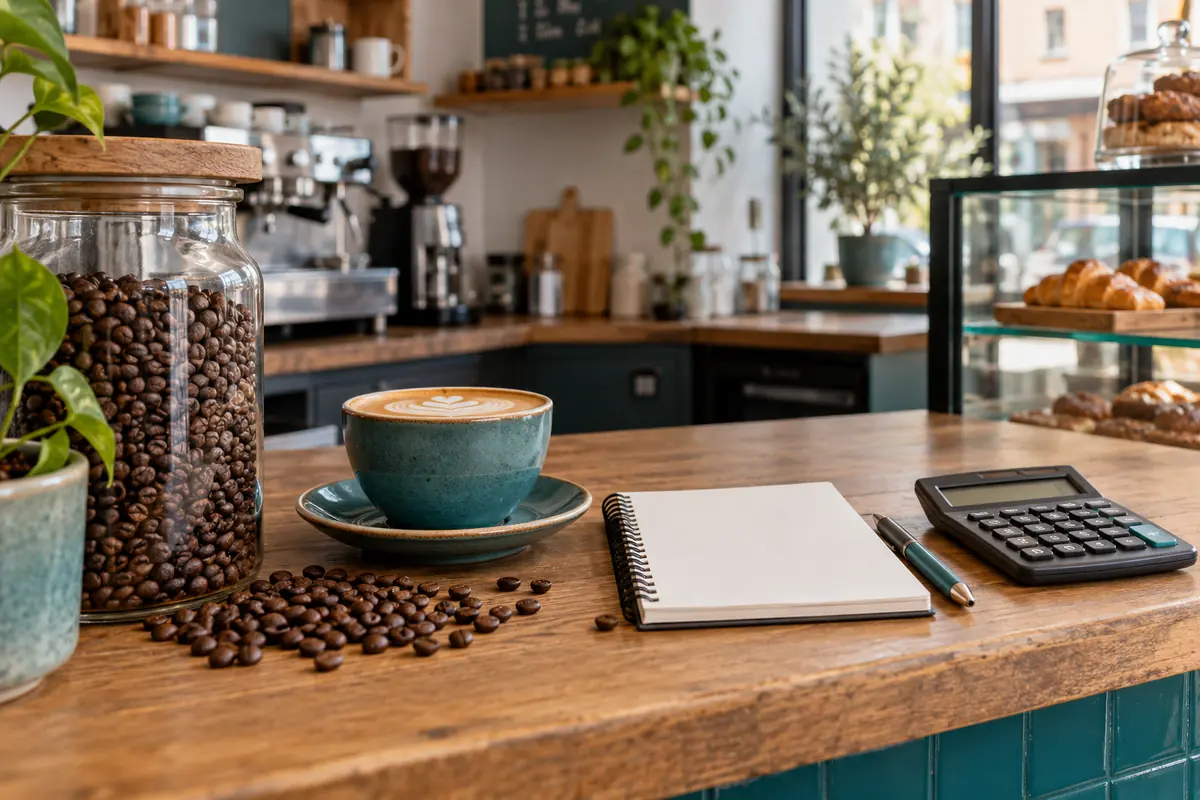 Kaffeetasse, Bohnen, Notizbuch und Taschenrechner auf einem Cafétresen