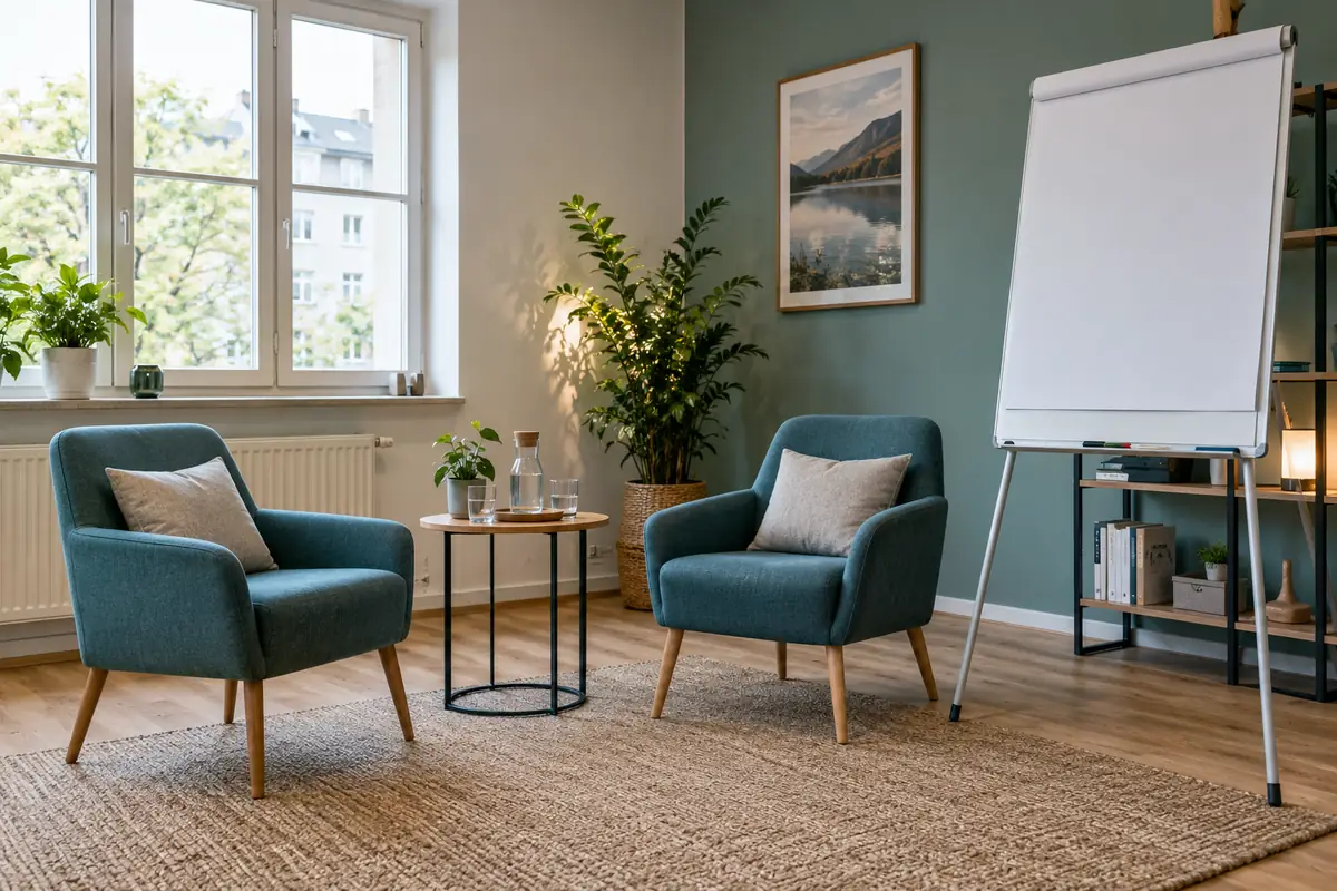 Zwei Sessel und eine leere Flipchart in einem Beratungsraum