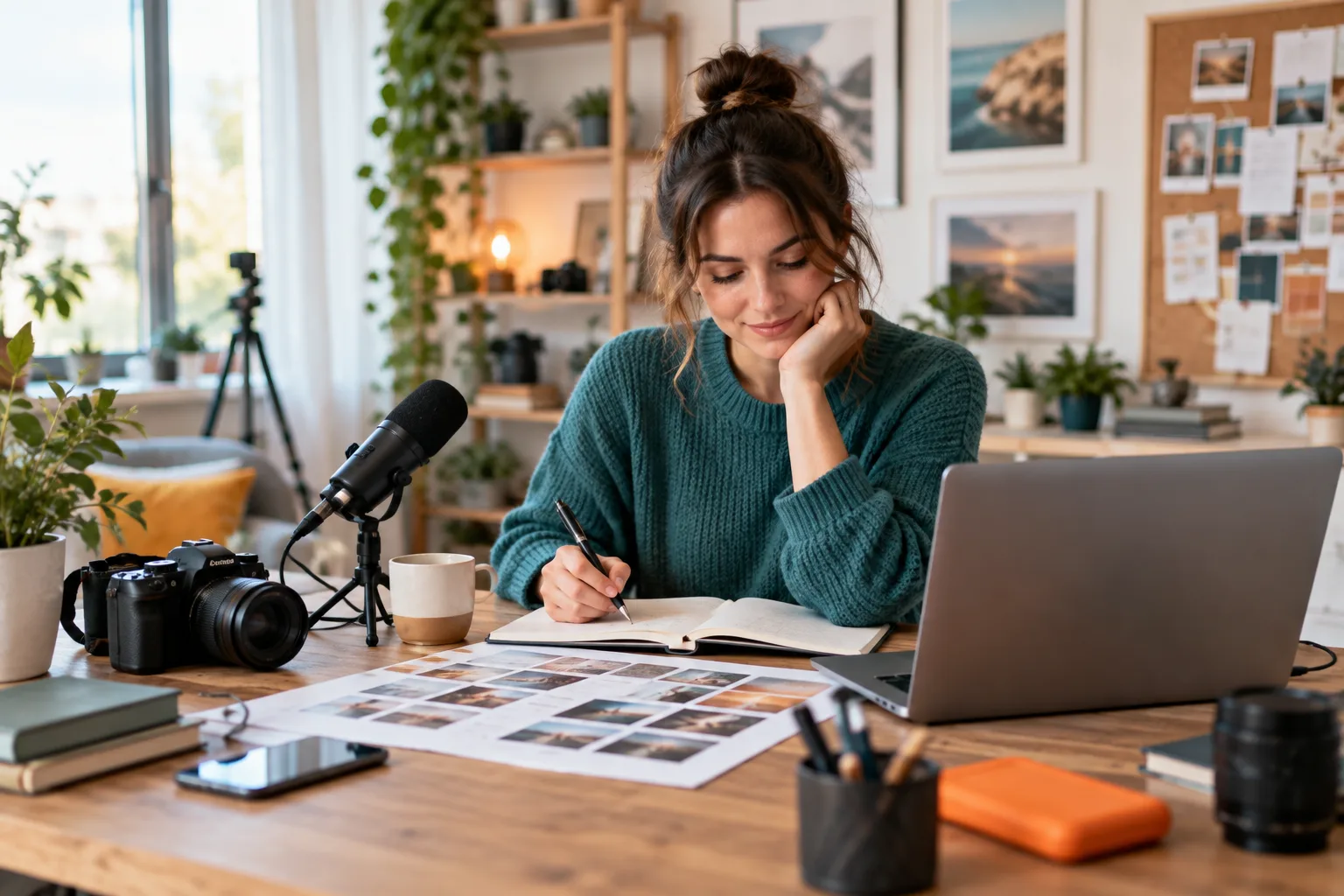 Content-Creatorin plant Inhalte, Produktion und Einnahmequellen in einem kleinen Home-Studio
