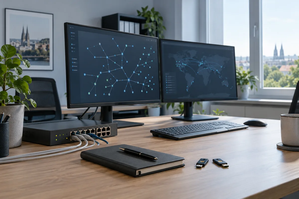 Monitore mit Netzwerkgrafiken, Netzwerkswitch und Sicherheitsschlüssel