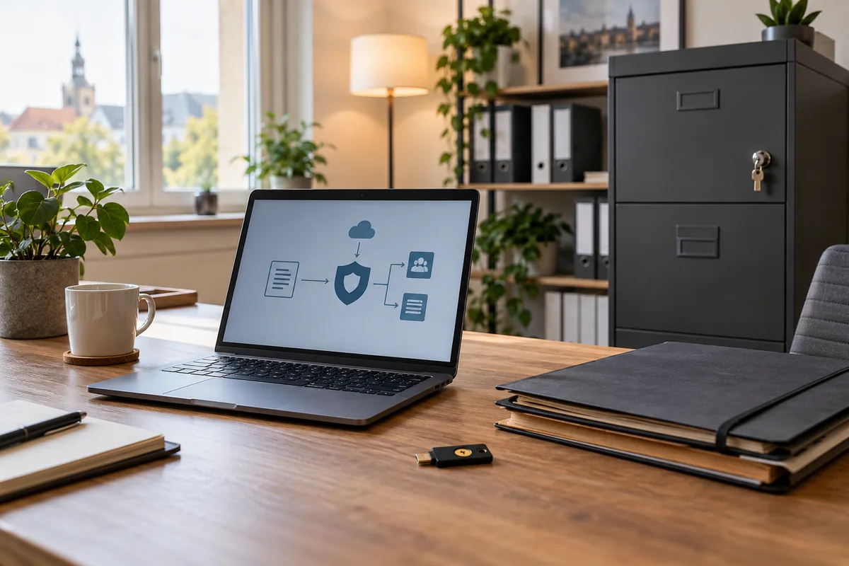 Laptop mit Prozessgrafik und abschließbarer Aktenschrank