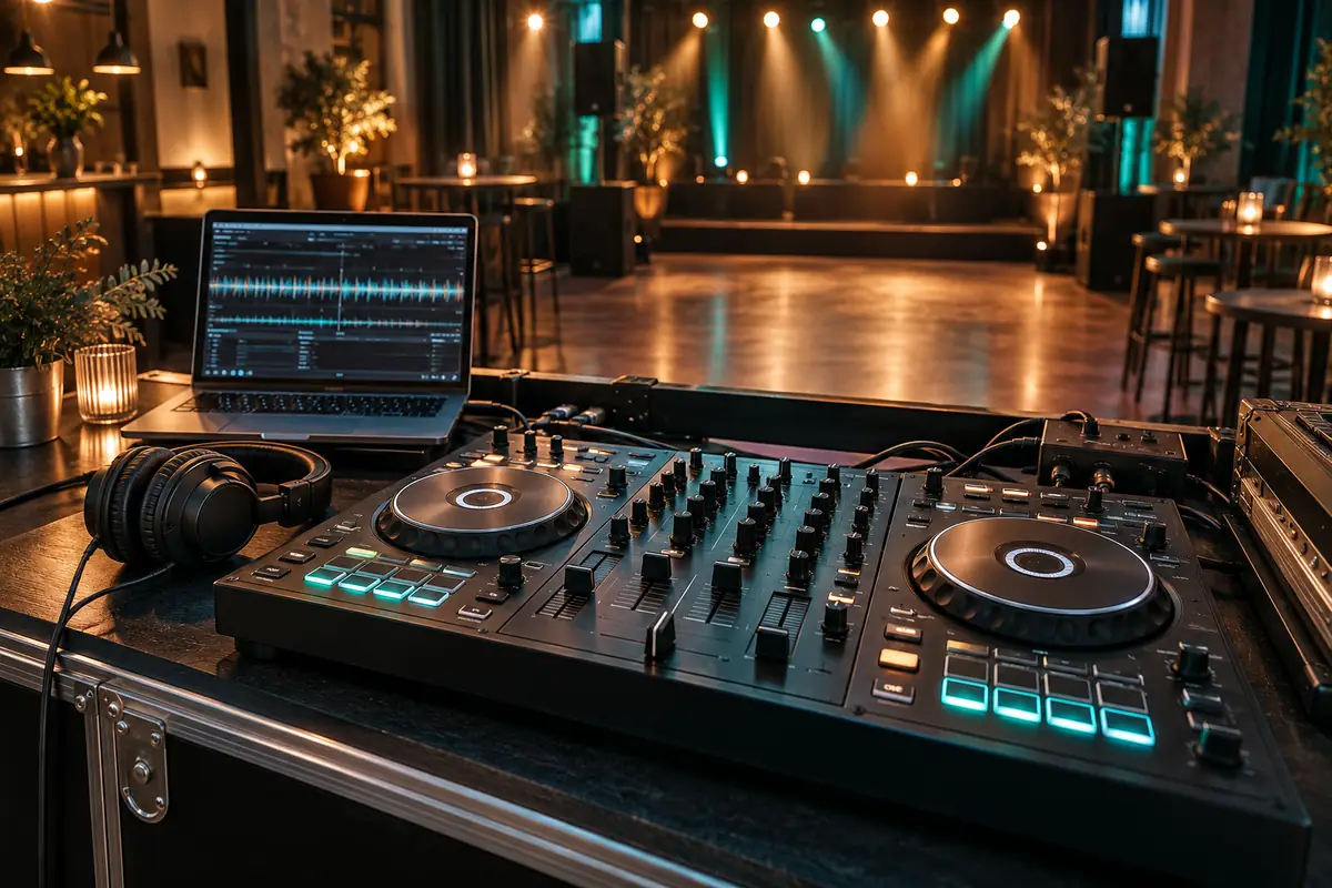 DJ-Controller, Kopfhörer und Laptop in einem leeren Veranstaltungsraum