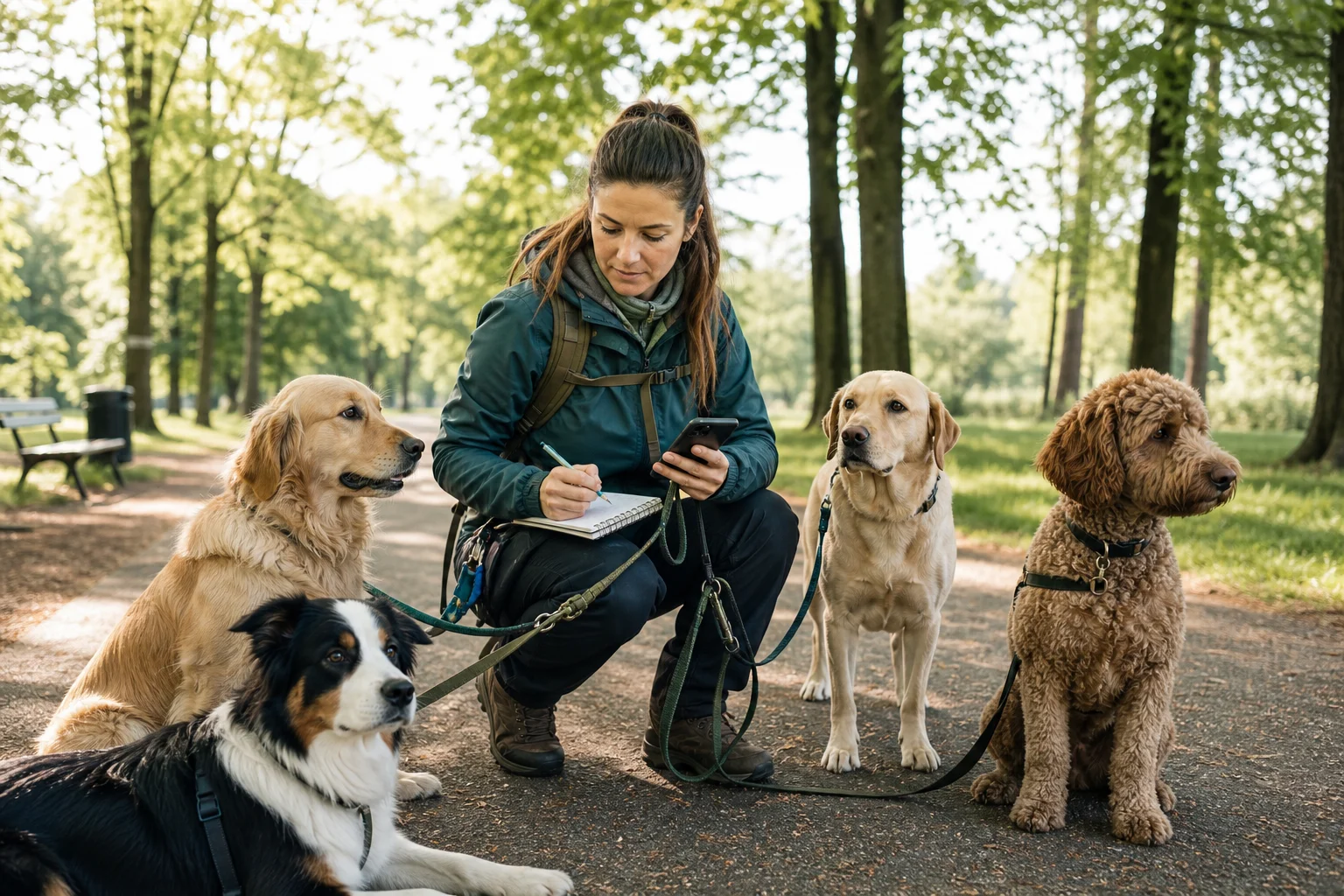 Dogwalkerin plant einen Gassiservice mit mehreren Hunden in einem Park