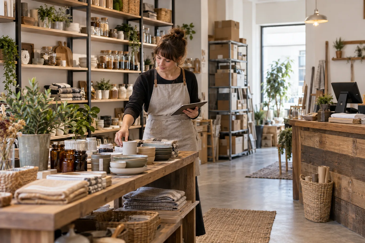 Einzelhändlerin plant Sortiment, Warenpräsentation und Nachbestellungen in ihrem Geschäft