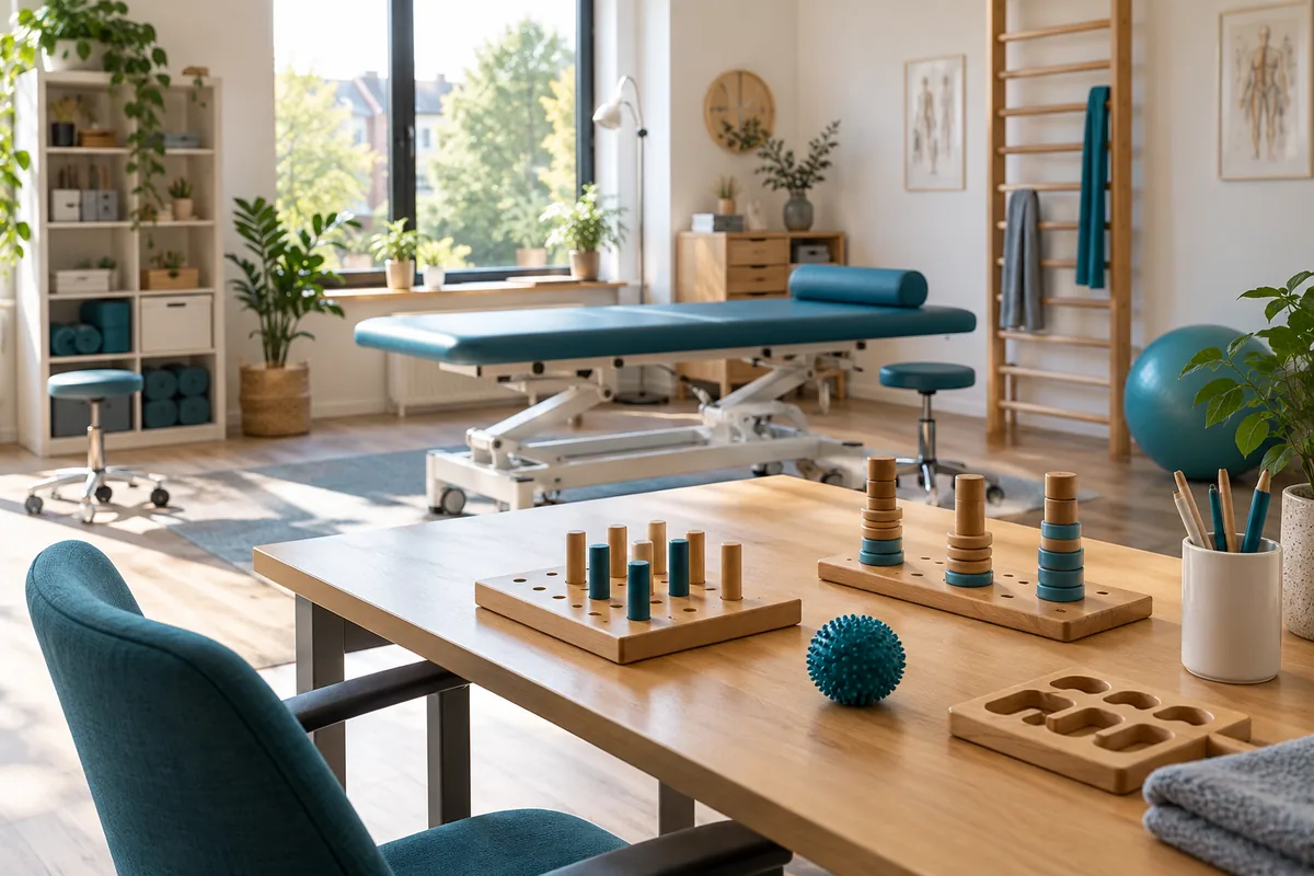 Therapietisch mit hölzernem Greifmaterial und Behandlungsliege