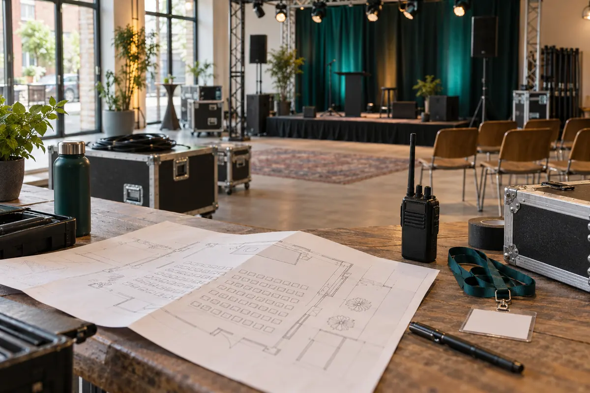 Eventplanung mit Bühnenplan und Ablaufunterlagen in einem Veranstaltungsraum