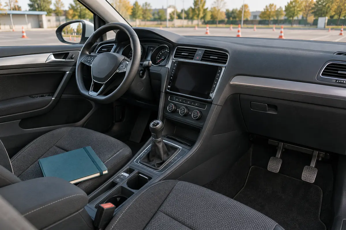 Innenraum eines Fahrschulautos mit zusätzlichen Pedalen auf der Beifahrerseite