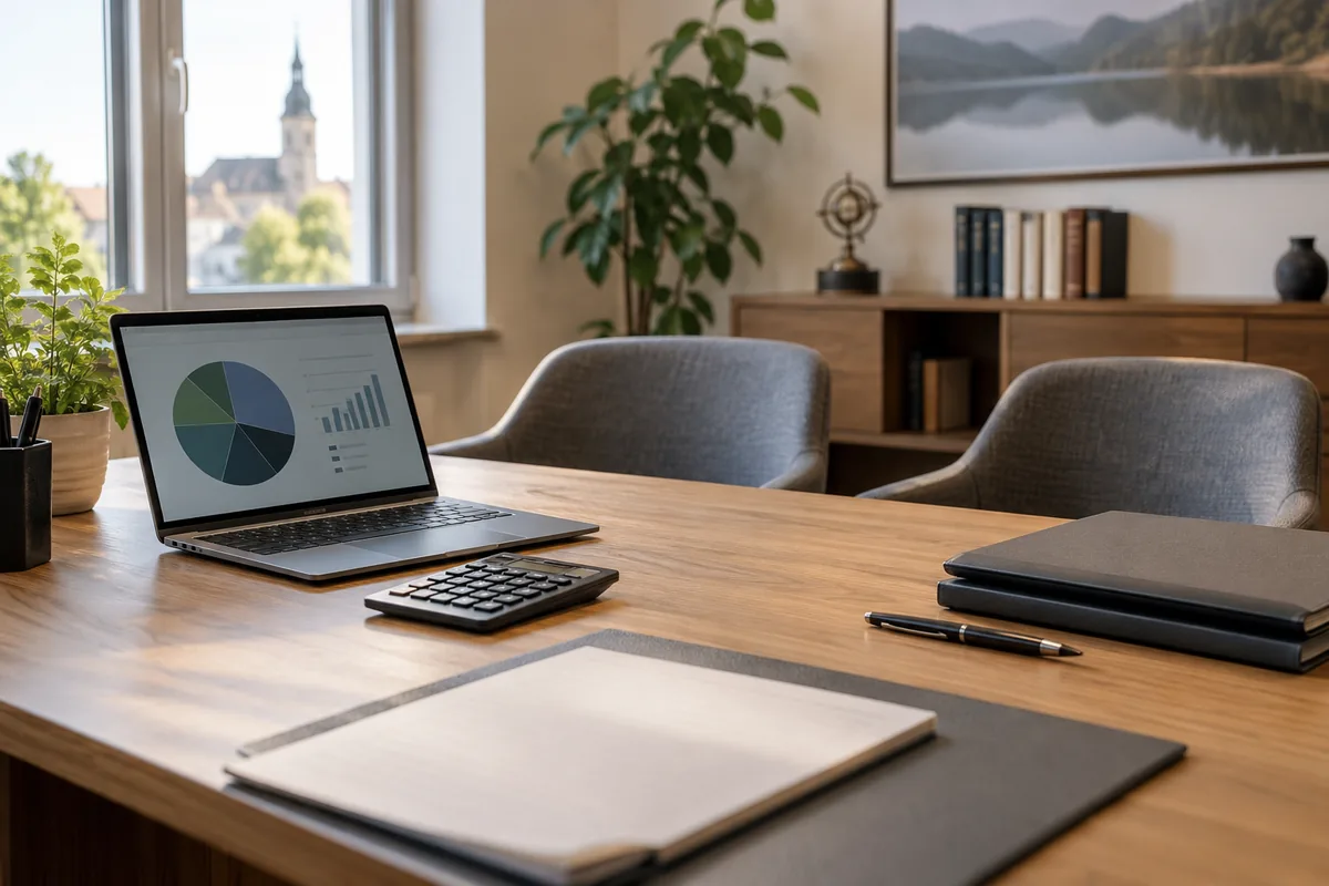 Laptop mit Portfoliodiagramm, Taschenrechner und Kundenmappen auf einem Beratungstisch
