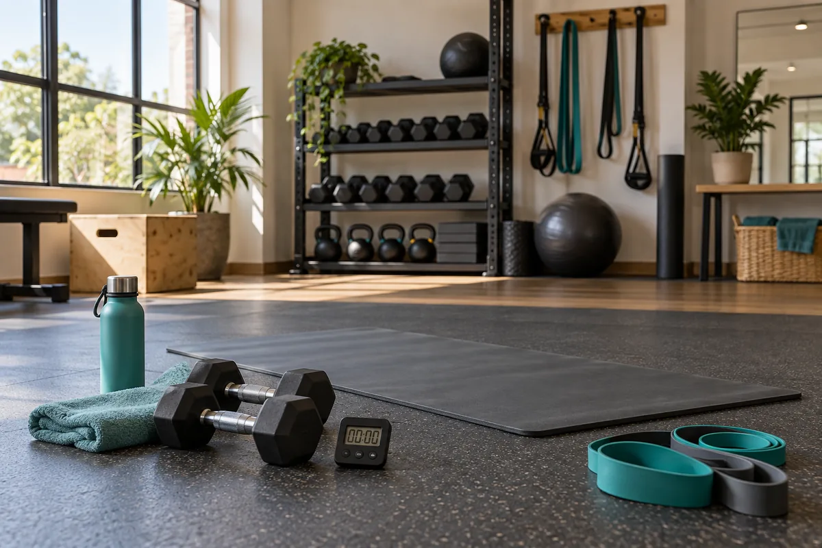 Hanteln, Trainingsmatte und Widerstandsbänder in einem Trainingsraum