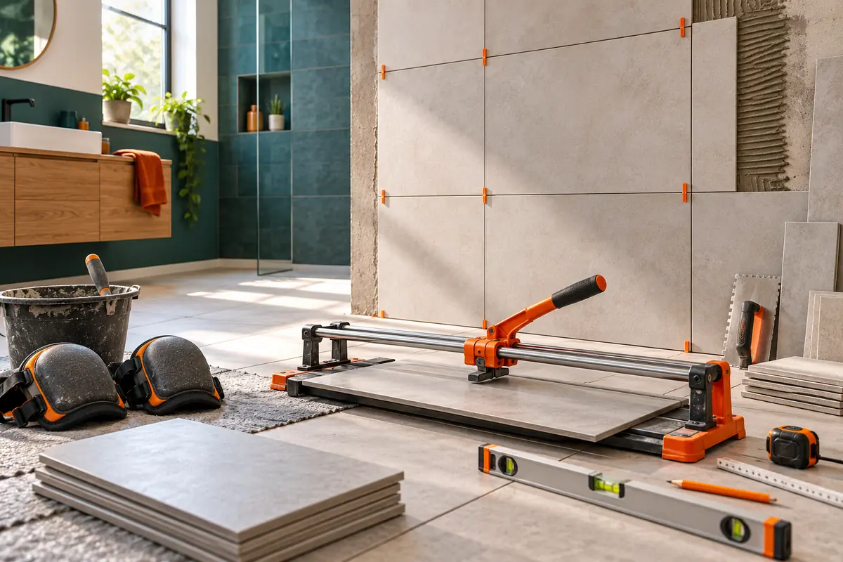 Fliesenschneider, Knieschoner und Messwerkzeuge auf einer Badezimmerbaustelle