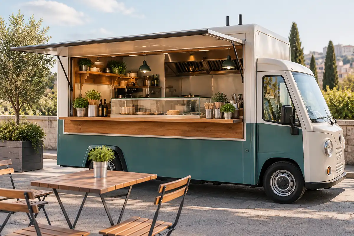Foodtruck mit geöffneter Verkaufsklappe und Verkaufstheke
