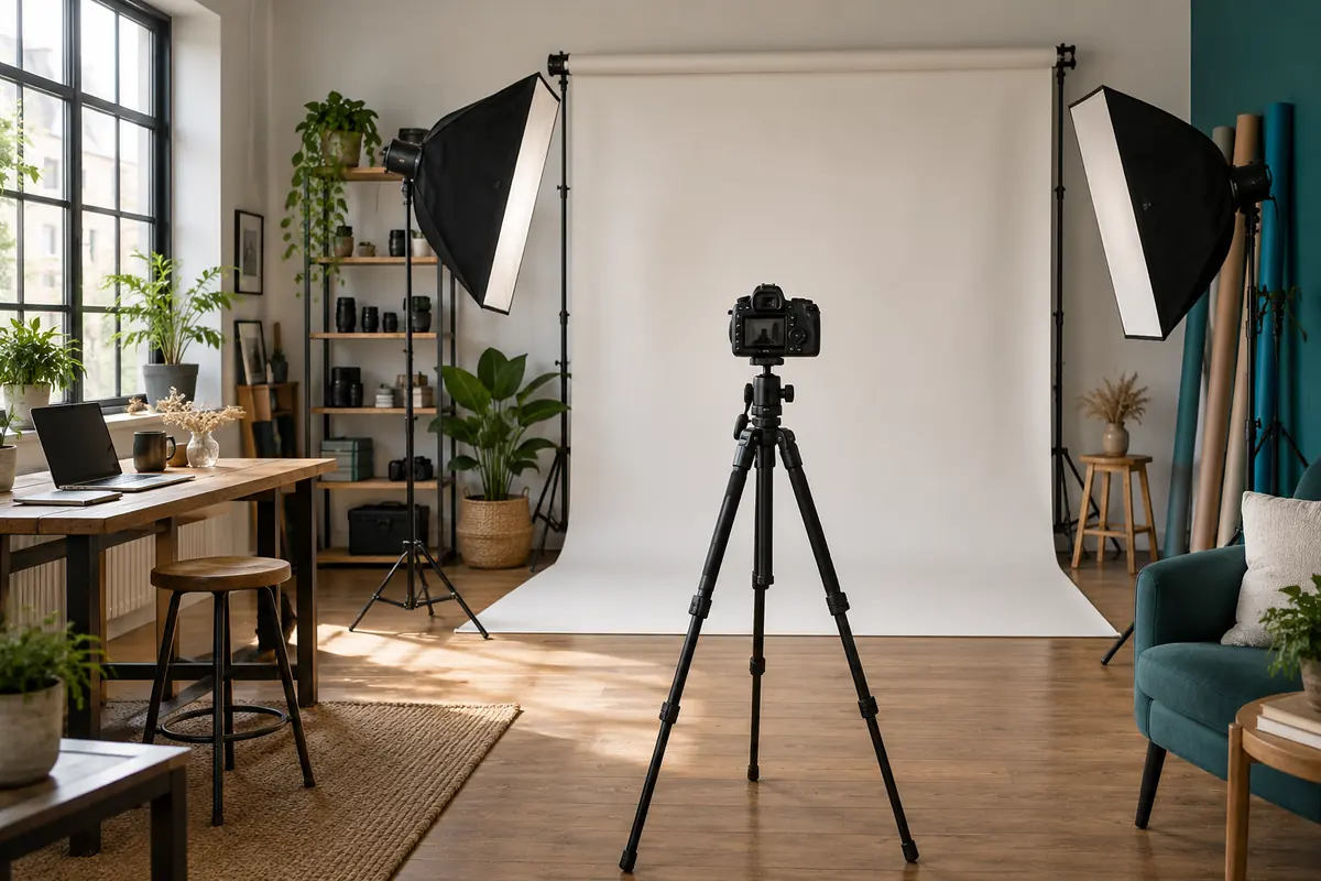 Kamera auf einem Stativ zwischen Softboxen vor einem Fotohintergrund
