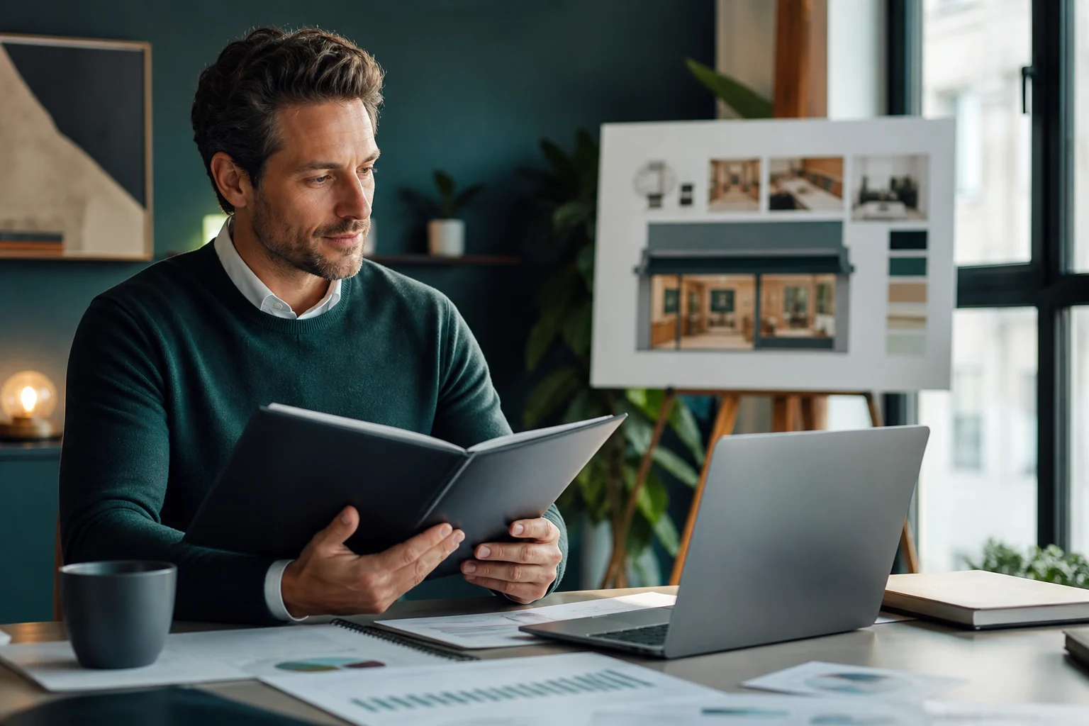 Franchise-Nehmer prüft Vertragsunterlagen und eine Finanzplanung am Laptop