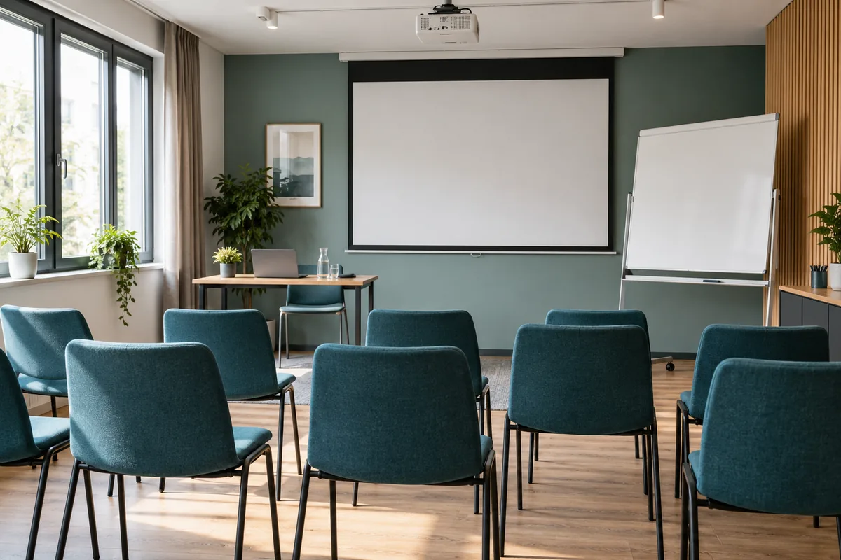 Leere Stuhlreihen vor Leinwand und Flipchart in einem Seminarraum