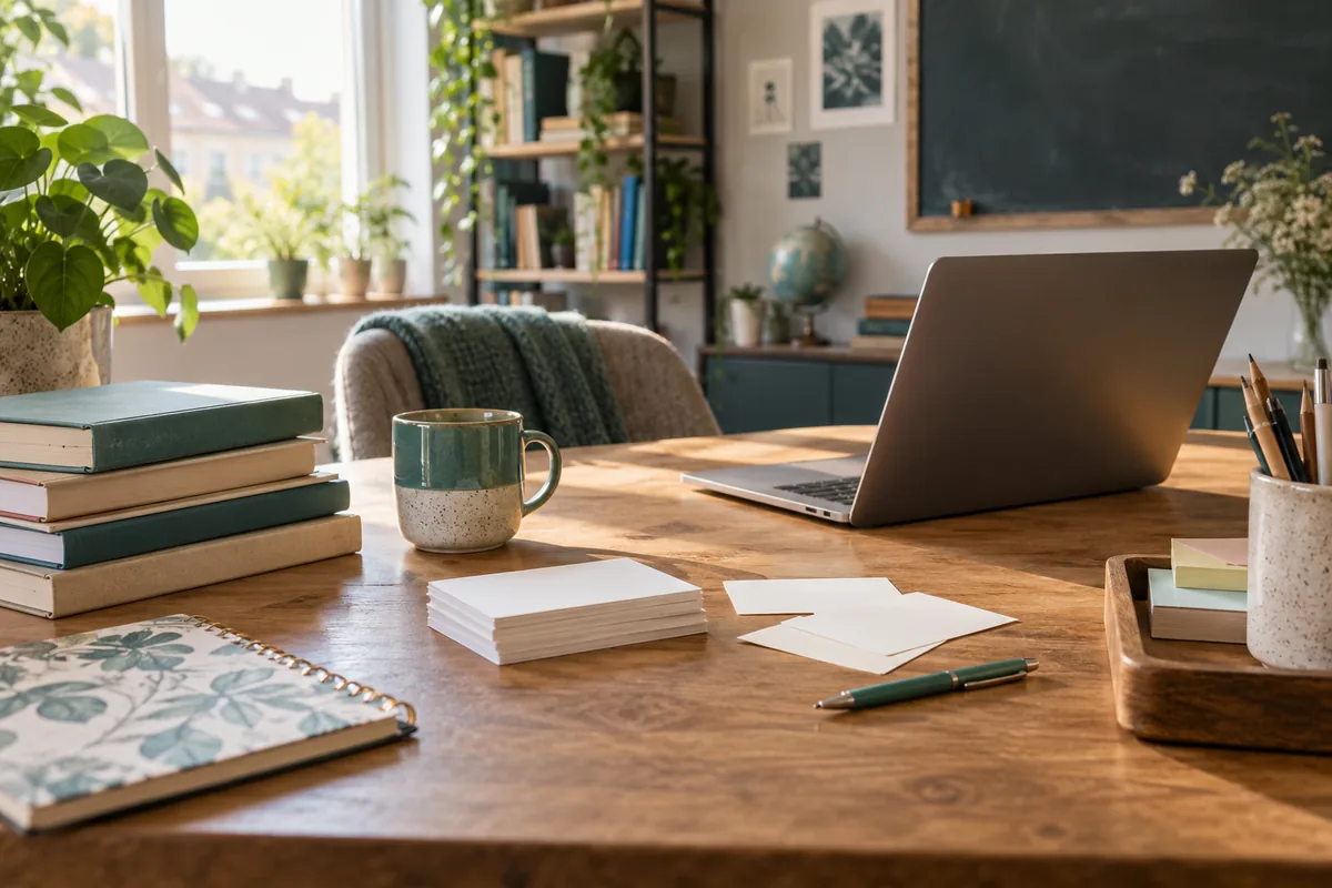 Bücher, Karten und Laptop auf einem Schreibtisch