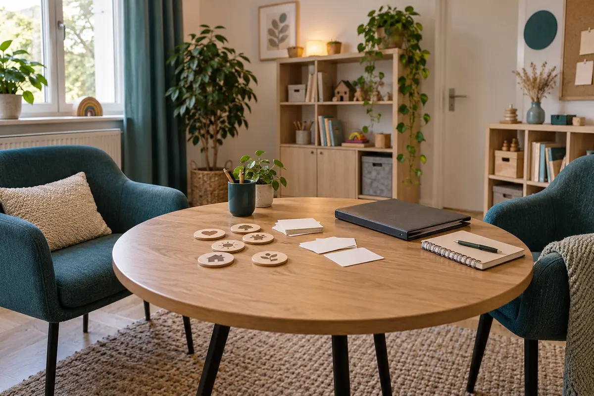 Heller Beratungsraum mit rundem Tisch, Gesprächskarten und Holzfiguren