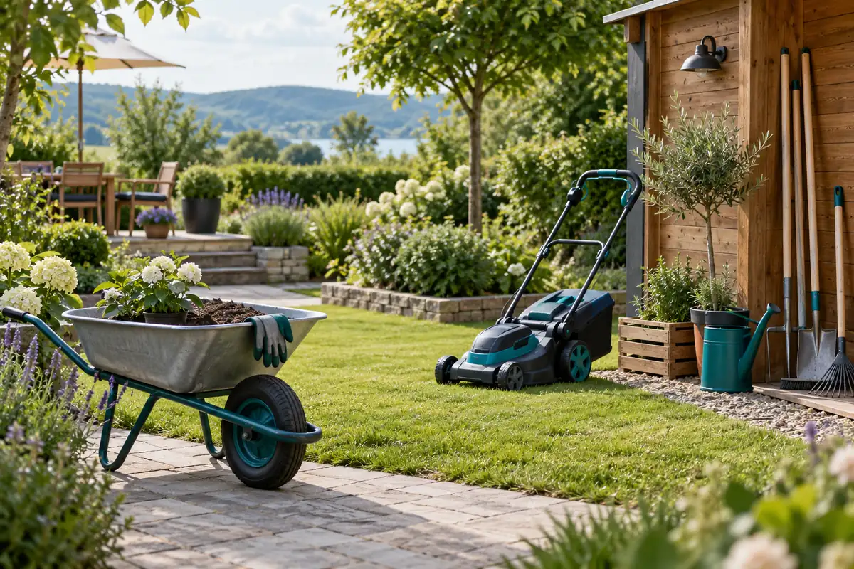 Gartengeräte und Schubkarre in einem angelegten Garten