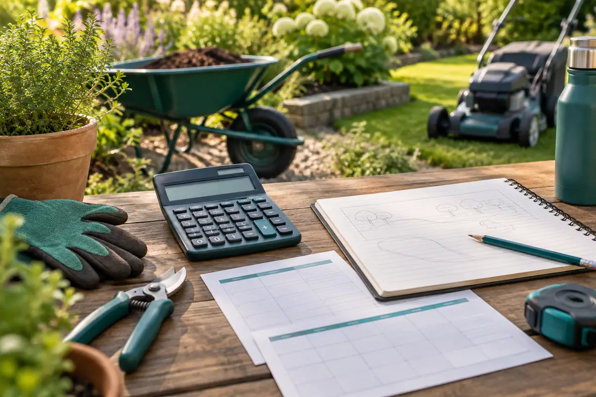 Taschenrechner und Planungsunterlagen für Garten- und Landschaftsbau