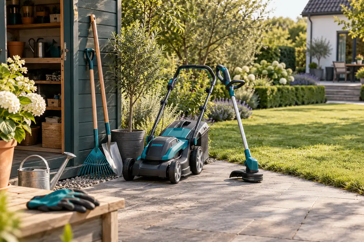 Rasenmäher, Rasentrimmer und Gartenwerkzeuge neben einer Rasenfläche
