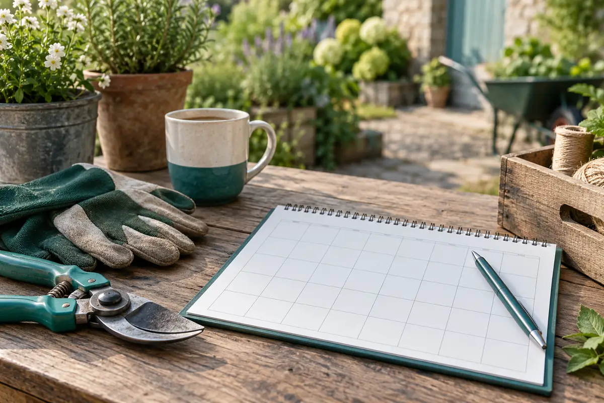 Gartenschere, Arbeitshandschuhe und ein Planer auf einem Holztisch