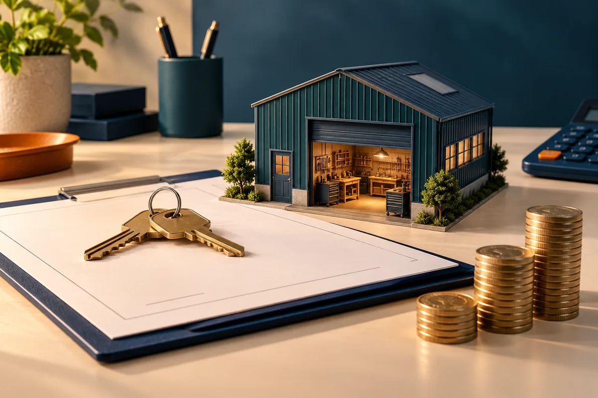 Miniatur eines Betriebsgebäudes mit Schlüsseln, Vertrag und Münzen