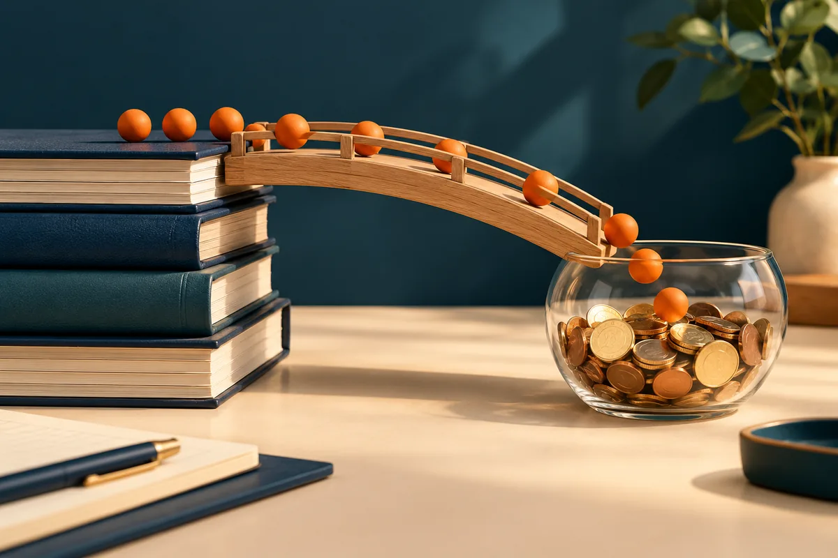 Holzbrücke zwischen Geschäftsbüchern und einer Schale mit Münzen
