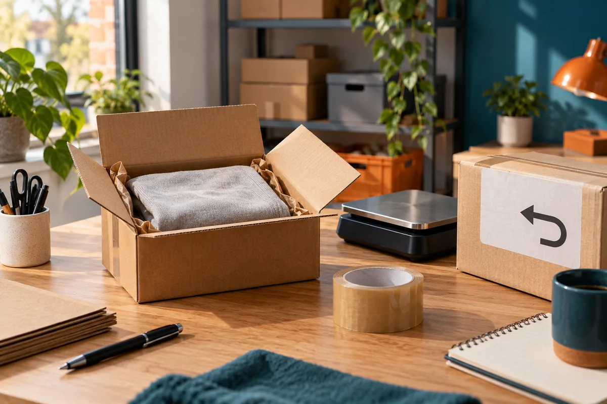 Versandkartons, Stoffware, Klebeband und Paketwaage auf einem Packtisch.
