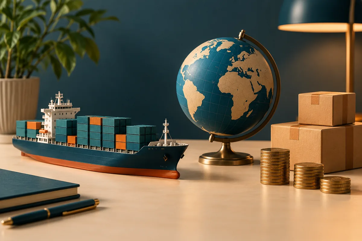 Containerschiff, Globus und Pakete neben Münzstapeln