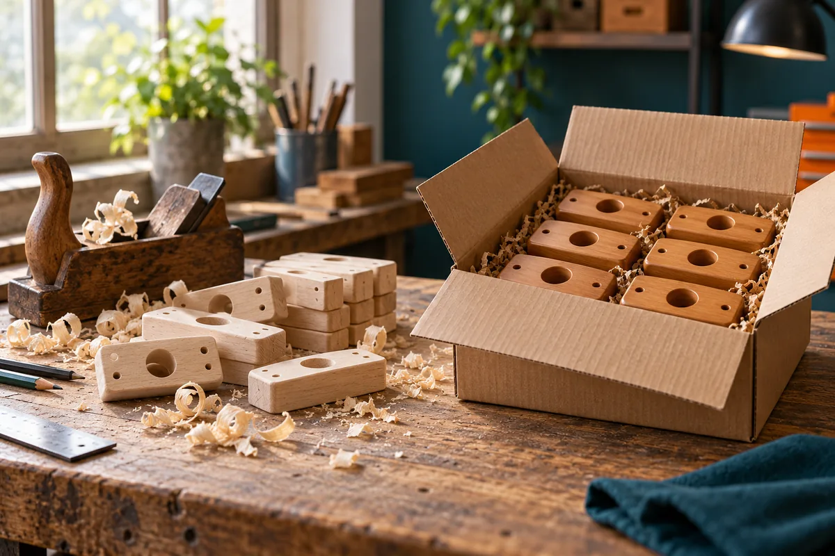 Holzbauteile und Handhobel neben verpackten fertigen Bauteilen auf einer Werkbank.