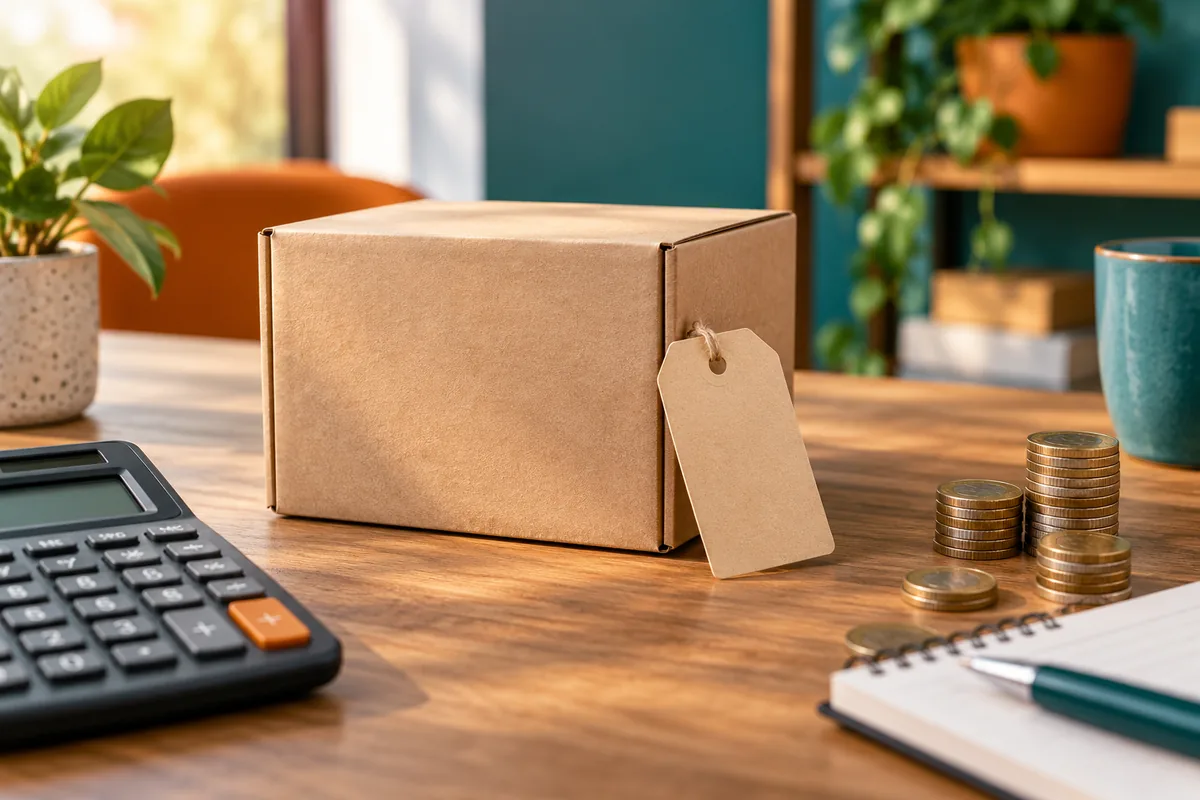 Karton, unbeschriftetes Preisschild und Taschenrechner