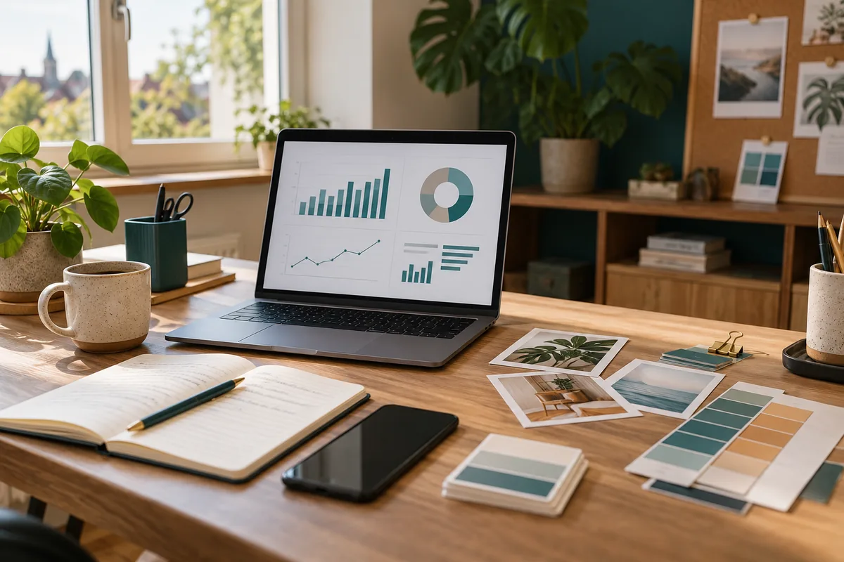 Laptop mit Analysediagrammen und Unterlagen zur Marketingplanung