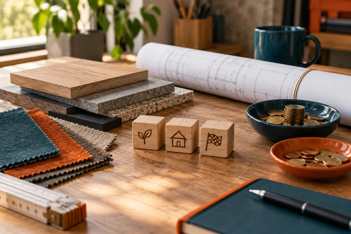 Materialmuster, gerollter Plan, Holzklötze und zwei Schalen mit Münzen auf einem Tisch.