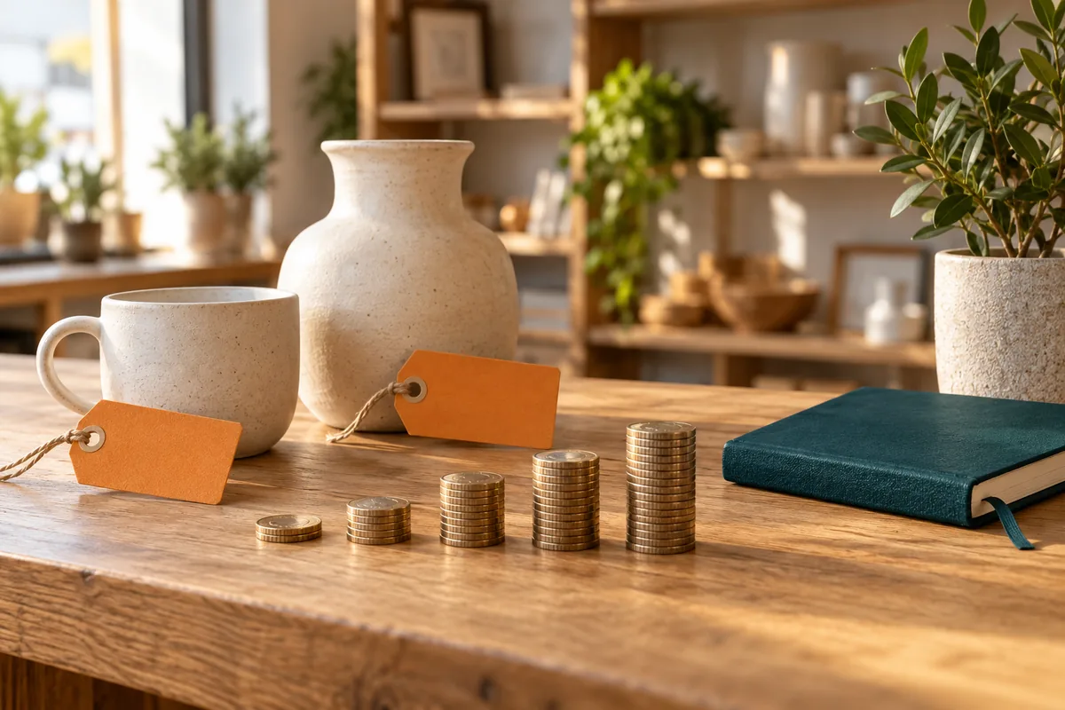 Keramikgefäße, orangefarbene Preisschilder und ansteigende Münzstapel auf einem Holztisch.