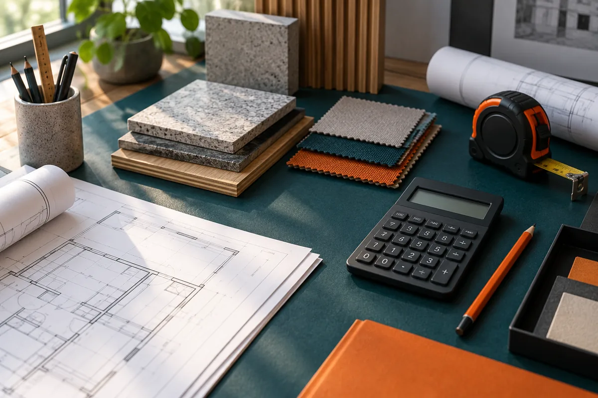 Materialmuster, Pläne, Maßband und Taschenrechner zur Angebotsplanung auf einem Tisch.