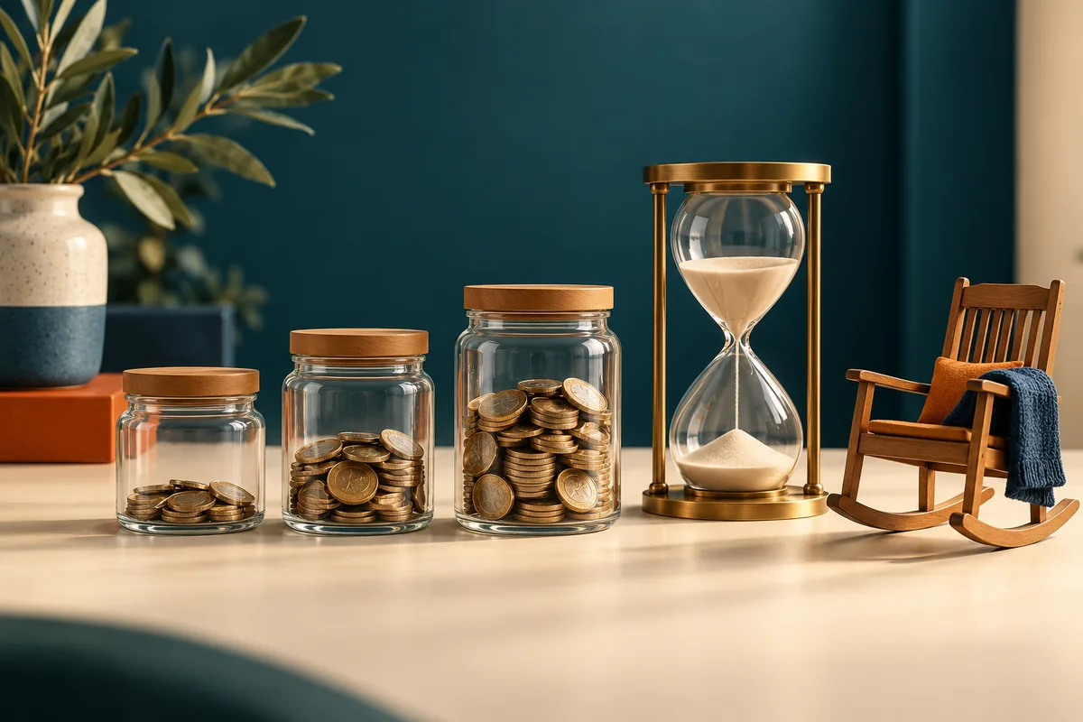 Spargläser mit Münzen, Sanduhr und Miniatur eines Schaukelstuhls