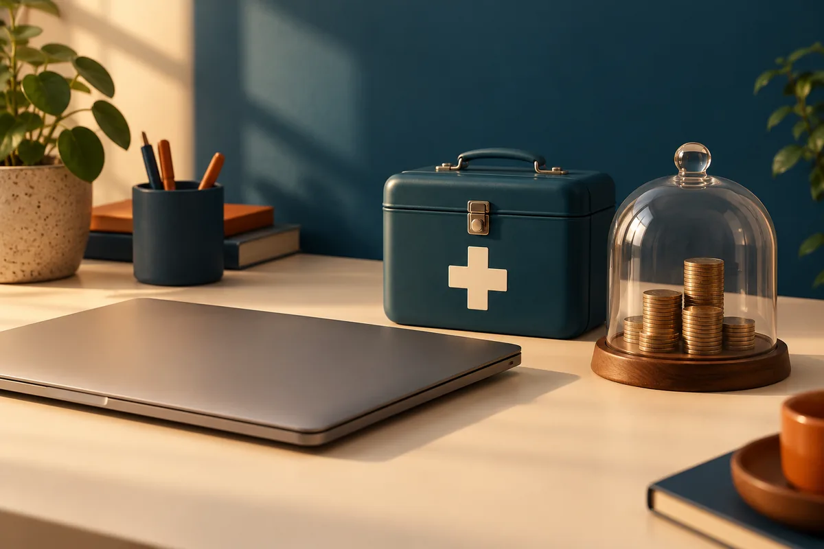Geschlossener Laptop, Erste-Hilfe-Box und geschützte Münzreserve