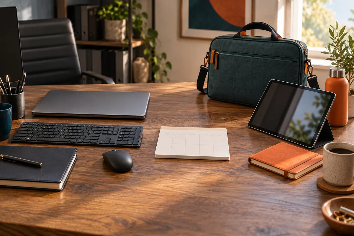 Laptop, Tastatur, tragbare Arbeitstasche und Tablet neben Planungskarten.