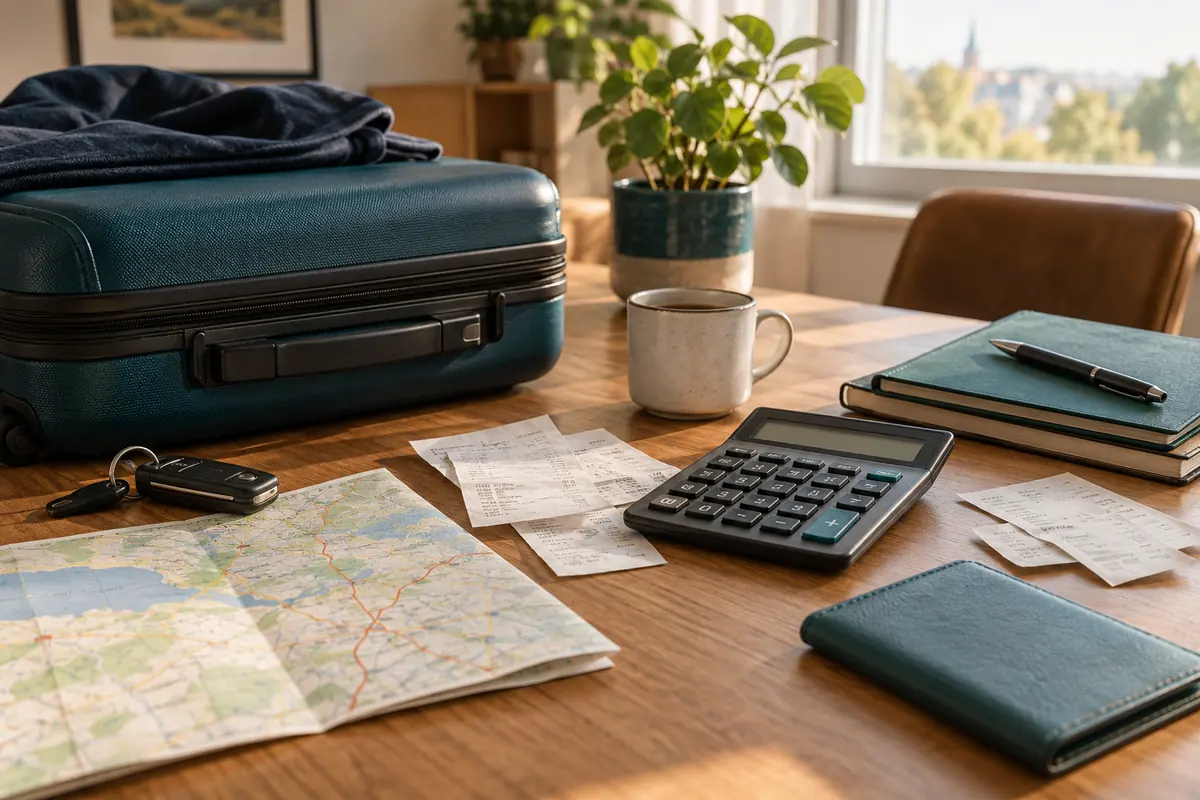 Reisekoffer, Autoschlüssel, Routenkarte und Belege neben einem Taschenrechner