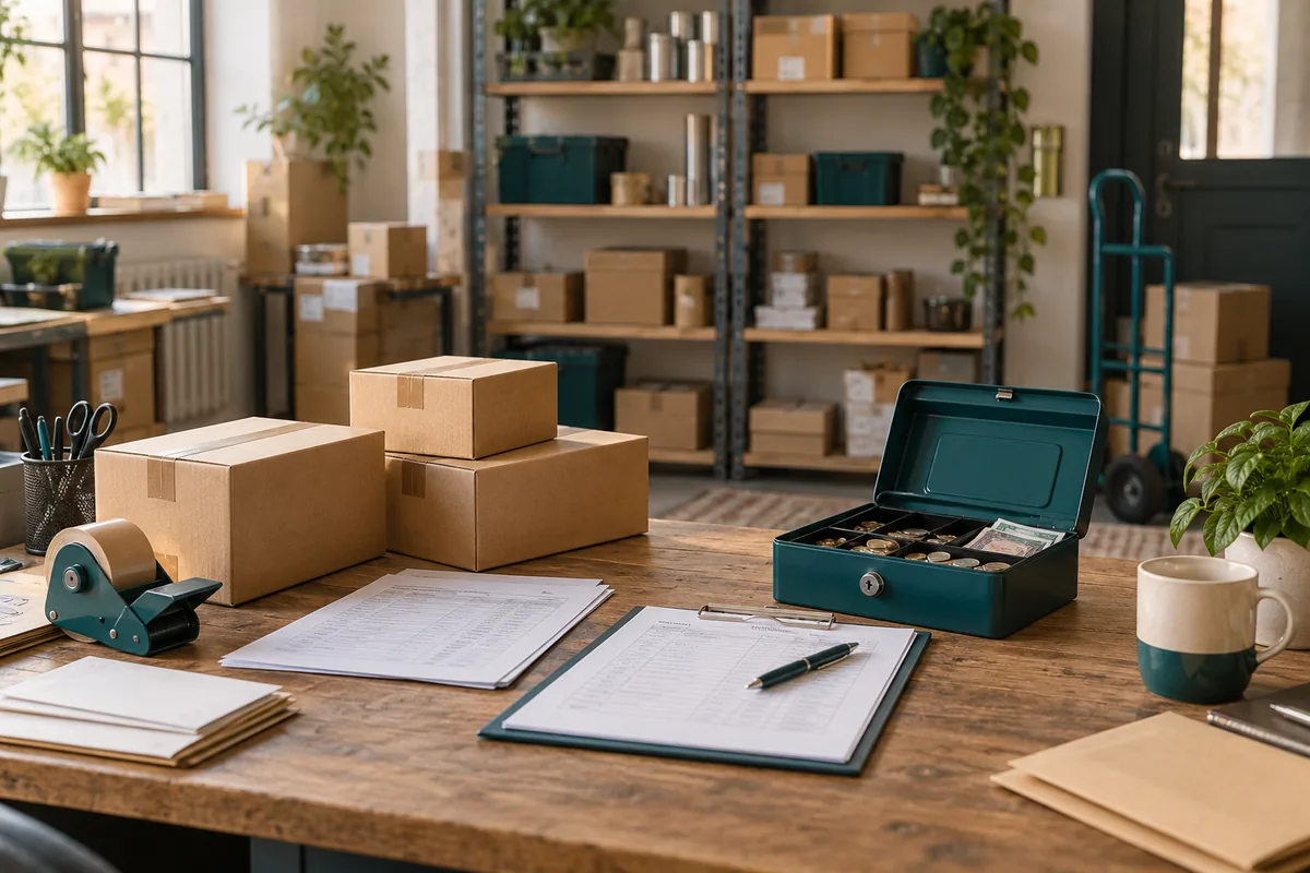 Versandarbeitsplatz mit Warenpaketen, Lieferunterlagen und Kassenbox